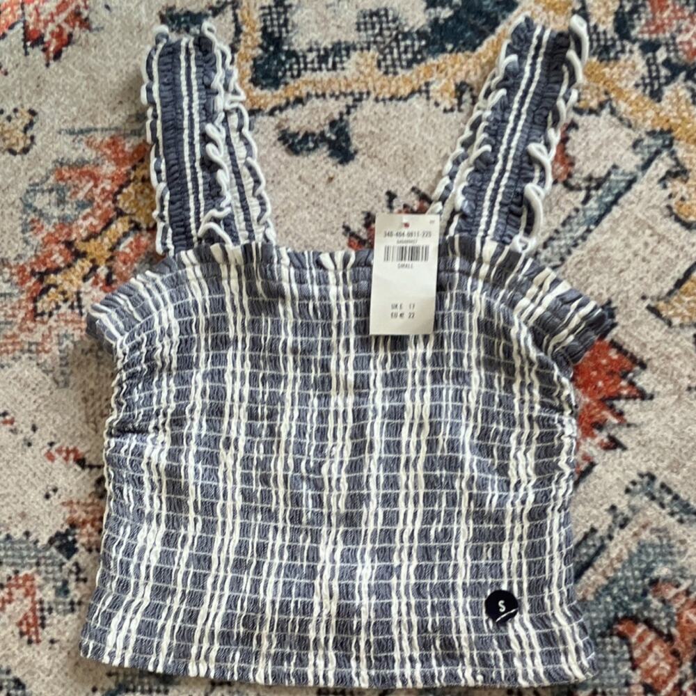 Hollister Blue/White Striped Square Neck Smocked Cropped Tank Top Women’s S
